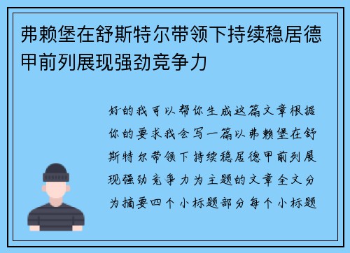弗赖堡在舒斯特尔带领下持续稳居德甲前列展现强劲竞争力